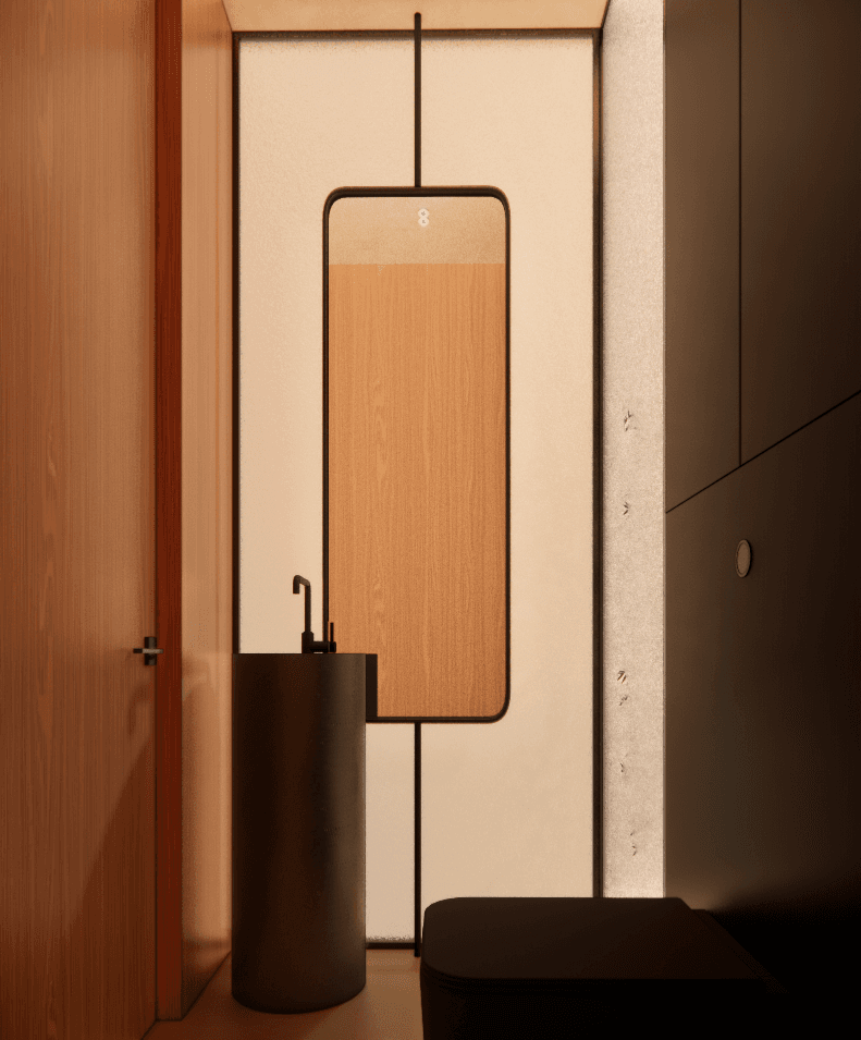 Nowoczesna łazienka w jasnych beżowych tonach z elementami drewna i minimalistycznym wystrojem